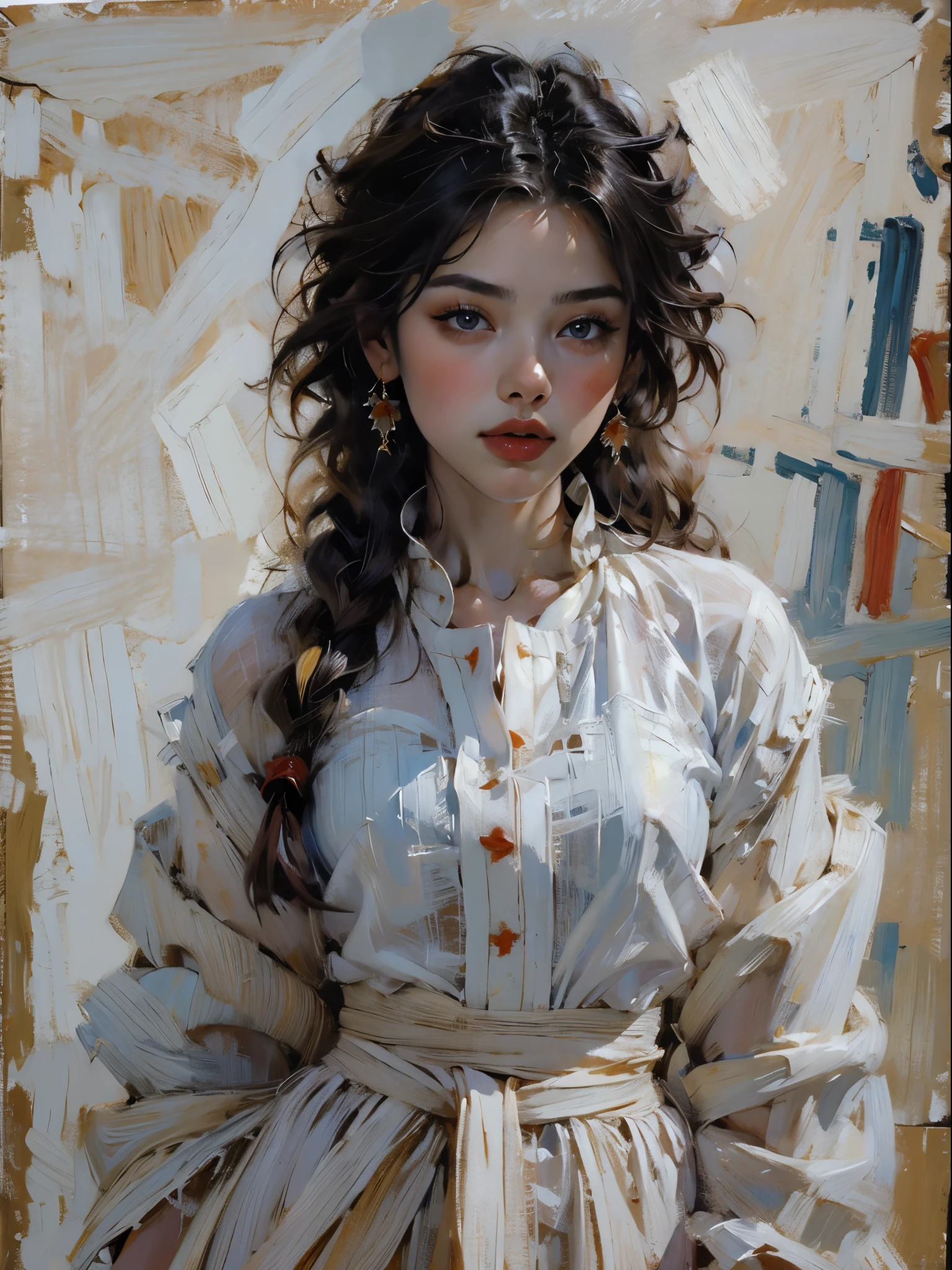 Modern Asian city,Beautiful girl,White Hanfu,long black hair, seductive red lips,closeup,Close-up strengthened,portraitures,oil painted,inks,acrylic painting,masterpiece,Renaissance style,best quality,A high resolution,super-fine,Eyes detailed,Face detailed,hair detail,Accurate,Clear eye focus close-up