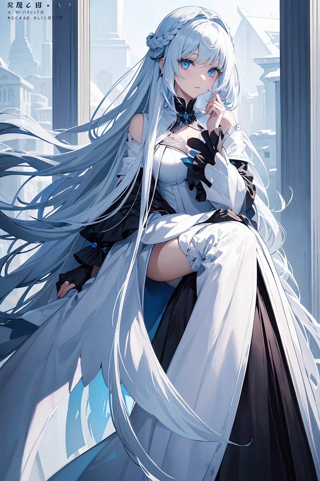 Cover magazine . alone. 1-woman . Adult women. beautiful woman with long white hair . her eyes are light blue. modern style she . fantasy. unusual hairstyle . has accessories on her clothes . future theme . Half-length portrait. Model. Ice theme