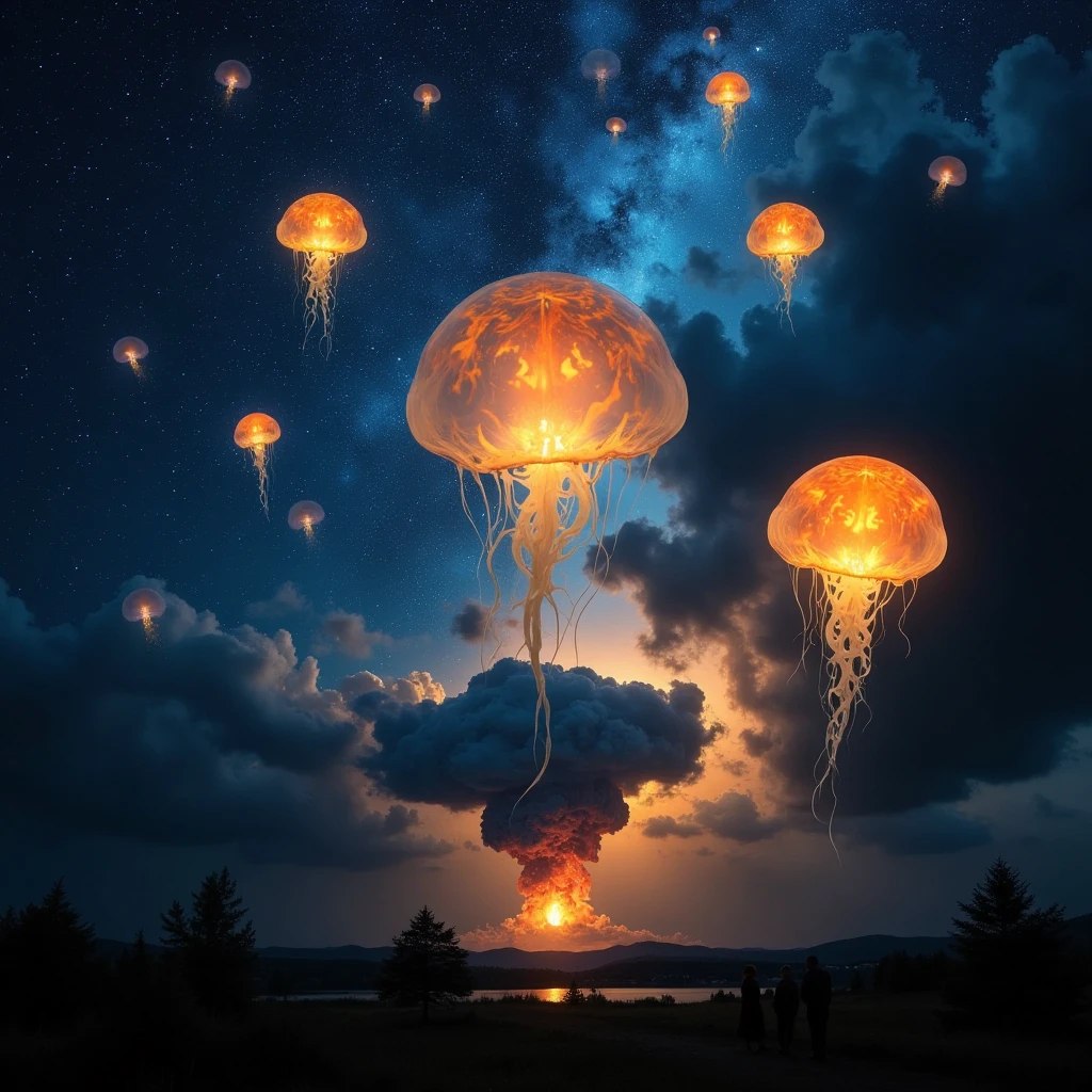 a sky filled with dozens of illuminated jellyfish and glowing lantern jellyfish floating freely, people on the ground in wonder pointing at the sky, a mushroom cloud rising in the distance from a nuclear test site