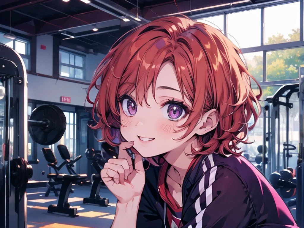 Super detailed,(masterpiece)、(Best Quality)、 1. Holds highly detailed faces  , short hair,  Red Hair, small breasts,Big Eyes,  purple  ,Gym in the morning,Separate gym clothes , holding dumbbells