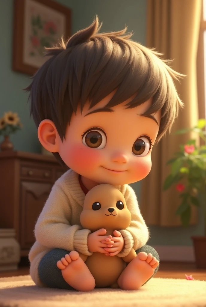 A boy holds a brown teddy bear in front of his house.