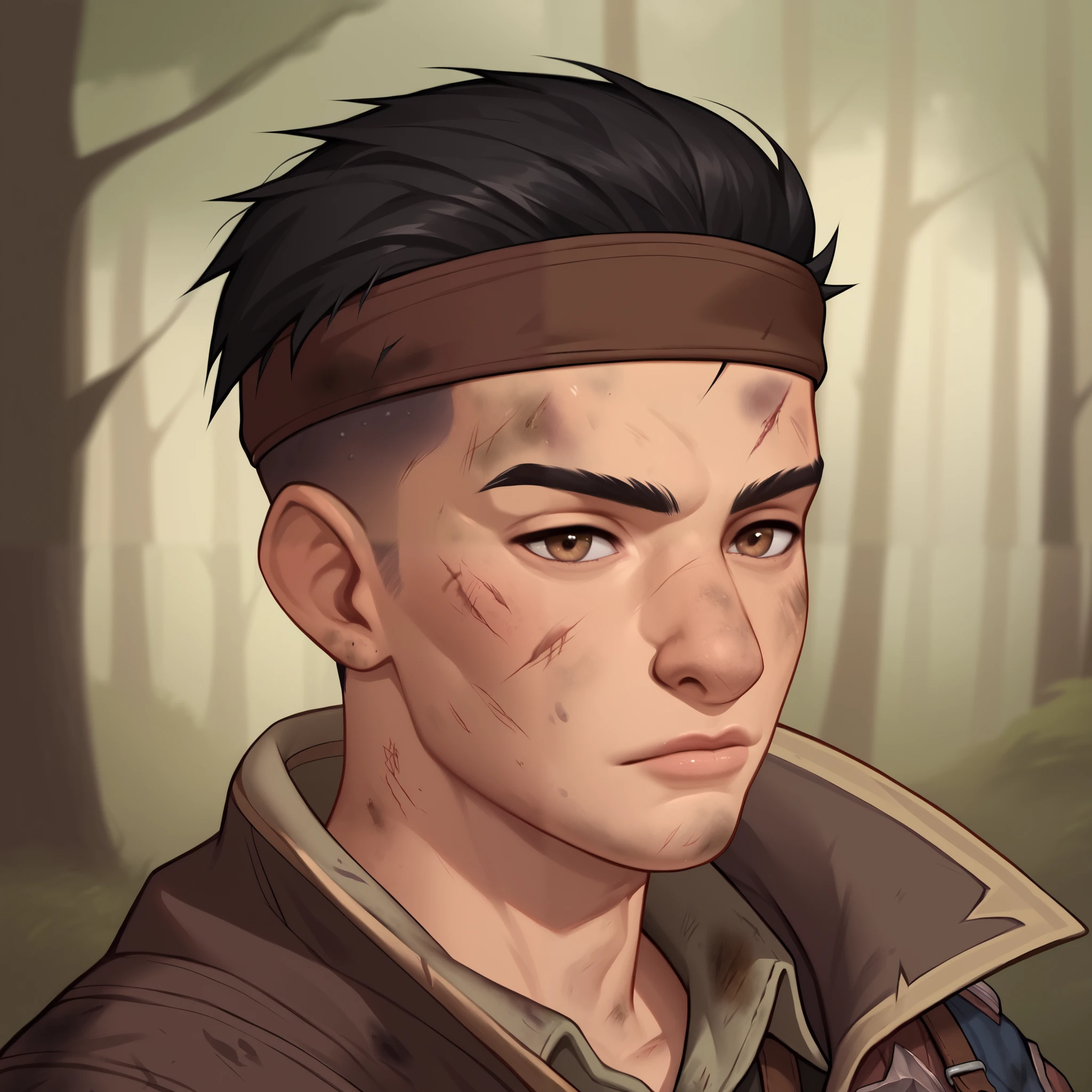 (((beautiful, high quality, detailed face))), score_9, score_8_up, score_7_up, BREAK, ugly male adventurer, RPG rogue, lanky, gangly, slender, Nose bridge, Big nose, high cheekbones, (dark hair:1.3), buzz cut, headband, fresh cuts, bruises, dirty clothes, bandoleer, pockets, lots of pockets, cloak, cocky expression, dirty, dusty, 1man, young, male focus, solo, portrait, upper body, portrait, forest background, fantasy, blurred background, Expressiveh, detailxl