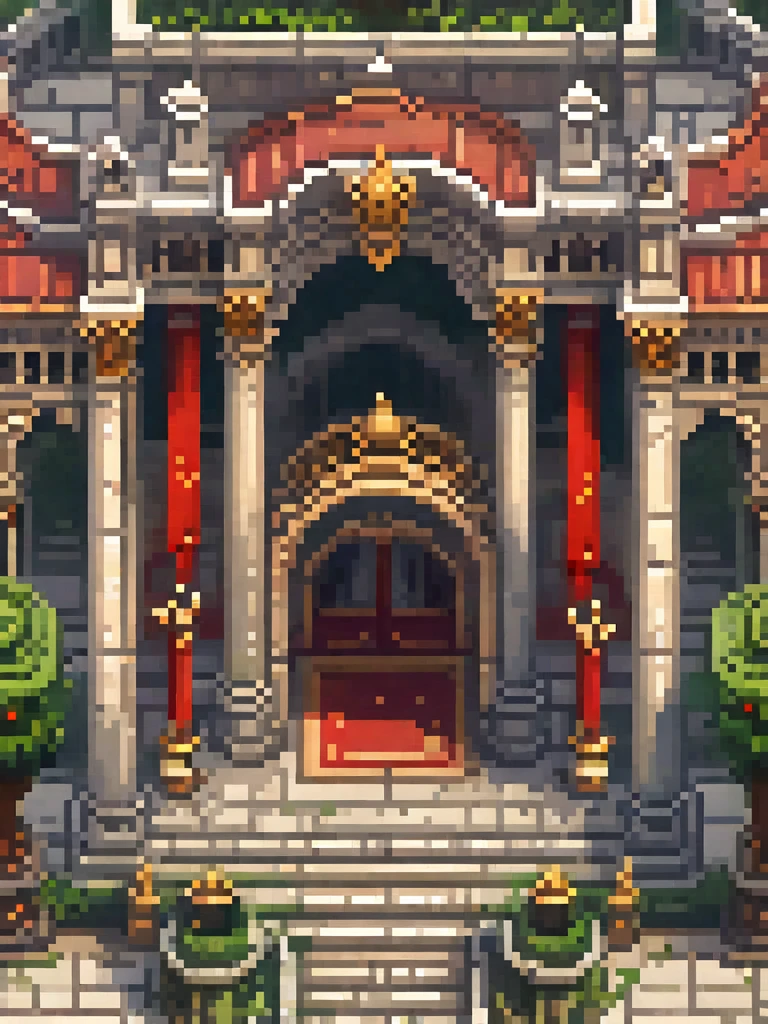 a close up of a building with a red carpet and a black stone, beautiful detailed pixel art, detailed pixel art, detailed pixel artwork, isometric pixelart, isometric pixel art, isometric game art, high quality pixel art, isometric 2 d game art, isometric palace, ultra detailed game art, pixel art isometric drawing, isometric art, Create an image of a grand classical palace with large arched doorways, intricate stone carvings, and tall columns. The palace should have two prominent red banners with golden designs hanging on either side of the main entrance. A red carpet with golden edges should lead up a set of stairs to the main entrance, flanked by statues and lush greenery. The courtyard in front of the palace should be paved with large stone tiles and adorned with decorative elements like lampposts and planters.
