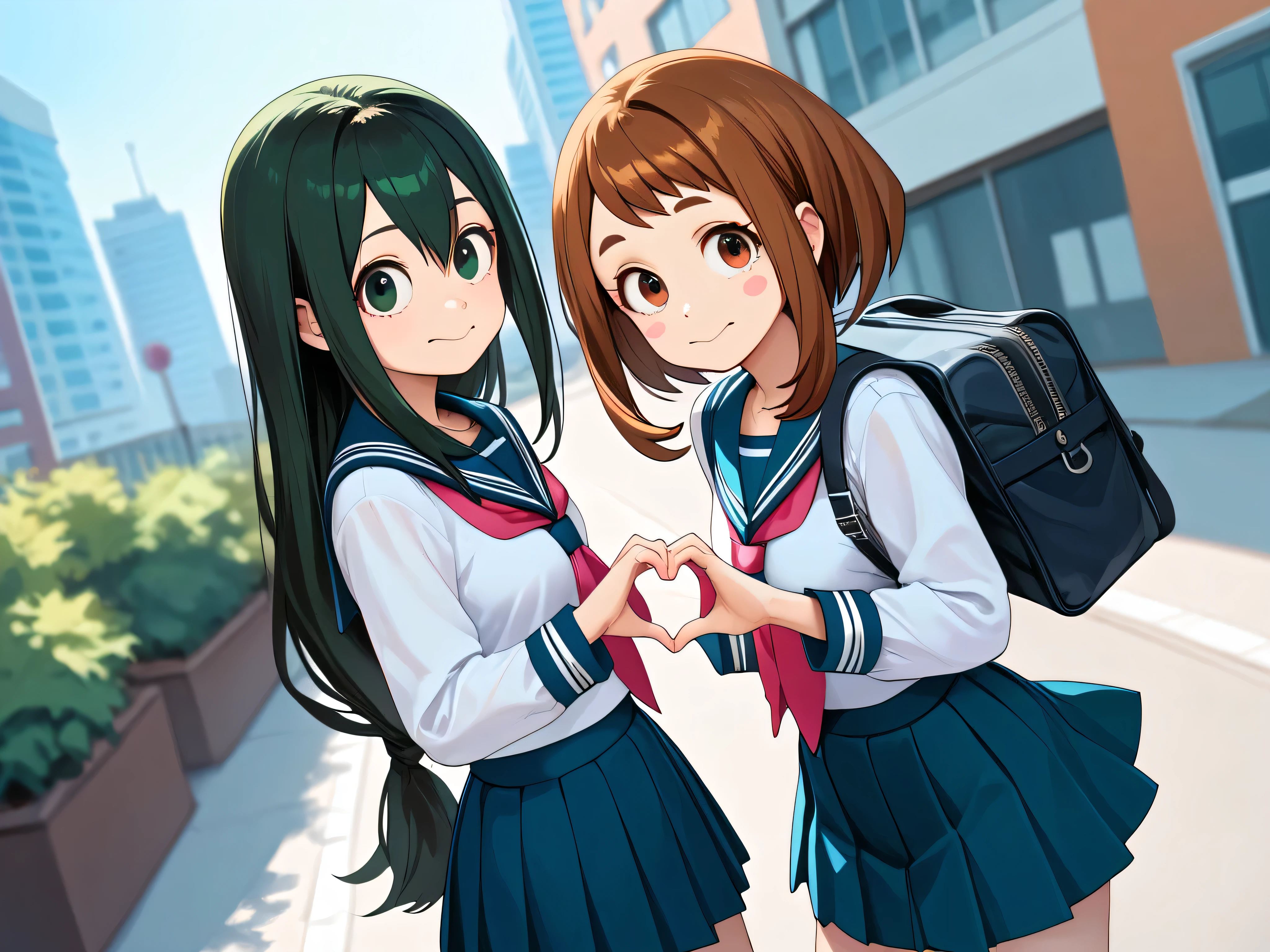 2girls, uraraka ochako, asui tsuyu, u.a. school uniform, skirt, official costume, outdoors, city, general, 
standing , heart hand duo, cowboy shot, looking at viewer, dutch angle, Relieved, Mouth turned up slightly, eyes wide open, and a relaxed jaw.,,