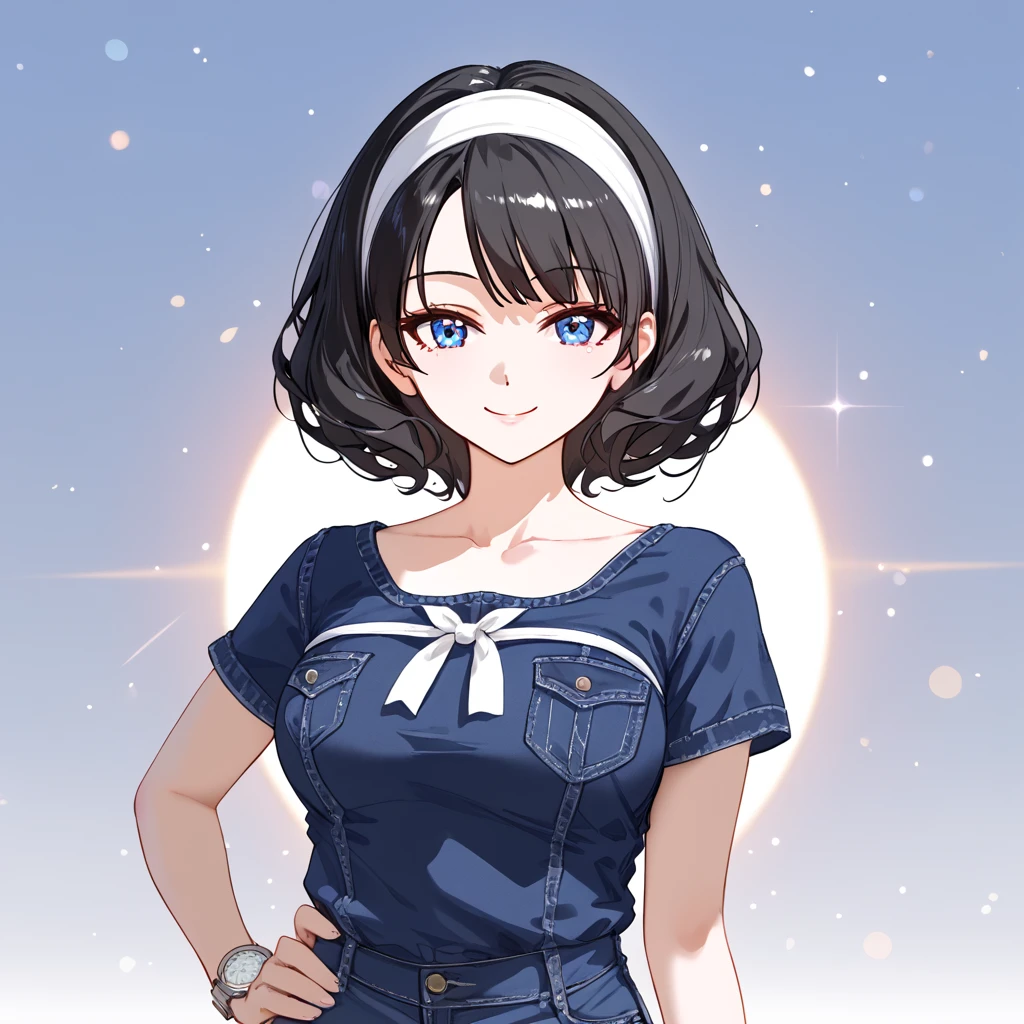 1 female,   black hair  , Blue eyes,   Delicate face, beautiful, camiseta blanca, Standing,,   white , white Atrásground, bewitching thighs, , about,   upper body, portrait, white ribbon,  Headband,  light smile base , hand watch, Blue denim jumpsuit, White t-shirt, overol falda