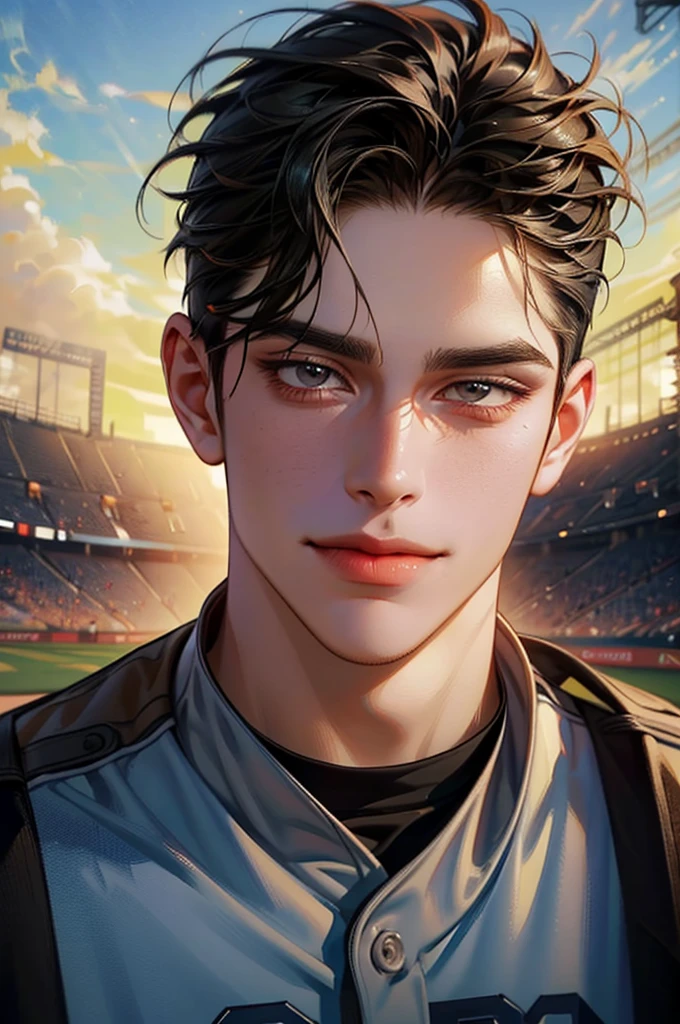 (a beautiful 40 year old man that is baseball player, black hair, short hair, brownish black eyes, smile with eyes, relaxed expression, wearing a baseball uniform:1.1),(a background is a baseball stadium),(dynamic pose:1.1),(dramatic lighting),(dramatic contrast of lighting),(dramatic color use), (best quality, 8k, ultra-detailed, masterpiece:1.2),beautiful details, beautiful brushstrokes, beautiful face, realistic, photorealistic, photo-realistic, HDR, (vivid colors:1.4), fine art portrait,(oil painting:1.4),(natural expressions),(canvas texture),(dramatic shadows and highlights),(carefully crafted facial features),(clean-shaven),(refined appearance),(casual attire:0.9),elegant composition,(strong and defined physique),(intricate details),(meticulous attention to anatomy)