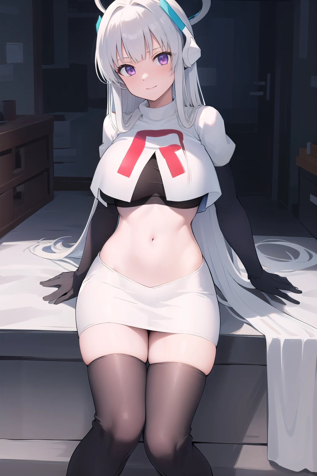 1girl, aegir \(azur lane\), azur lane \\\\\ masterpiece, best quality, very aesthetic, absurdres, newest \\\\\\ sportive body, \\\\\\ by nyantcha,,by cutesexyrobutts,by khyle ///// silvery white hair with a single prominent red streak, black horns, yellow eyes, , white background, white (nurse outfit:1.2), skirt, standing, white pencil skirt, nurse cap, sit  in front of me, below view,pink openwork panties, close mouth
