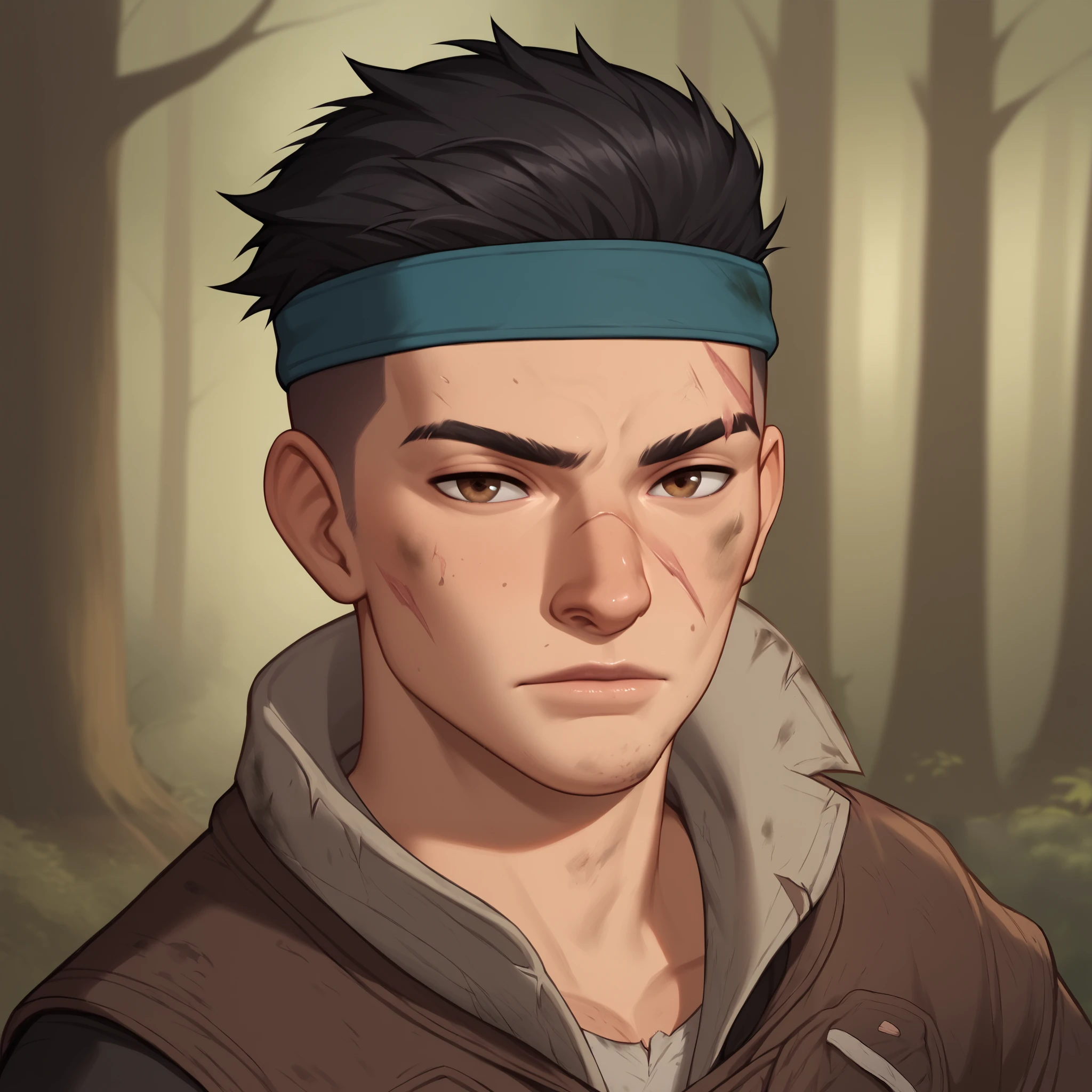 (((beautiful, high quality, detailed face))), score_9, score_8_up, score_7_up, BREAK, ugly male adventurer, RPG rogue, lanky, gangly, slender, Nose bridge, Big nose, high cheekbones, (dark hair:1.3), buzz cut, headband, fresh cuts, bruises, dirty clothes, bandoleer, pockets, lots of pockets, cloak, cocky expression, dirty, dusty, 1man, young, male focus, solo, portrait, upper body, portrait, forest background, fantasy, blurred background, Expressiveh, detailxl