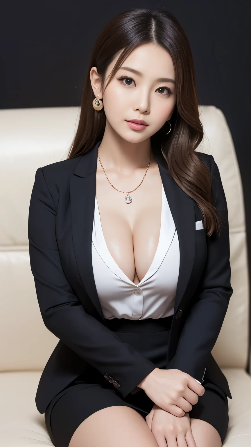  Anatomically Correct 5-Finger 　A Korean woman in a white suit is sitting on a sofa,  wavy hair 　 thin due to small things necklace　 earrings for a woman alone　wearing business suit, Office Clothes, Girl in suit, wearing a business suit, Elegant suits, girl in skirt,  blazer close to my face, Sensual body　Big Breasts　 looking at the camera　 sexy look　