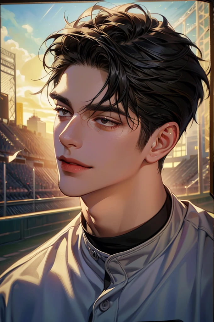 (a beautiful 40 year old man that is baseball player, black hair, short hair, brownish black eyes, smile with eyes, relaxed expression, wearing a baseball uniform:1.1),(a background is a baseball stadium),(dynamic pose:1.1),(dramatic lighting),(dramatic contrast of lighting),(dramatic color use), (best quality, 8k, ultra-detailed, masterpiece:1.2),beautiful details, beautiful brushstrokes, beautiful face, realistic, photorealistic, photo-realistic, HDR, (vivid colors:1.4), fine art portrait,(oil painting:1.4),(natural expressions),(canvas texture),(dramatic shadows and highlights),(carefully crafted facial features),(clean-shaven),(refined appearance),(casual attire:0.9),elegant composition,(strong and defined physique),(intricate details),(meticulous attention to anatomy)