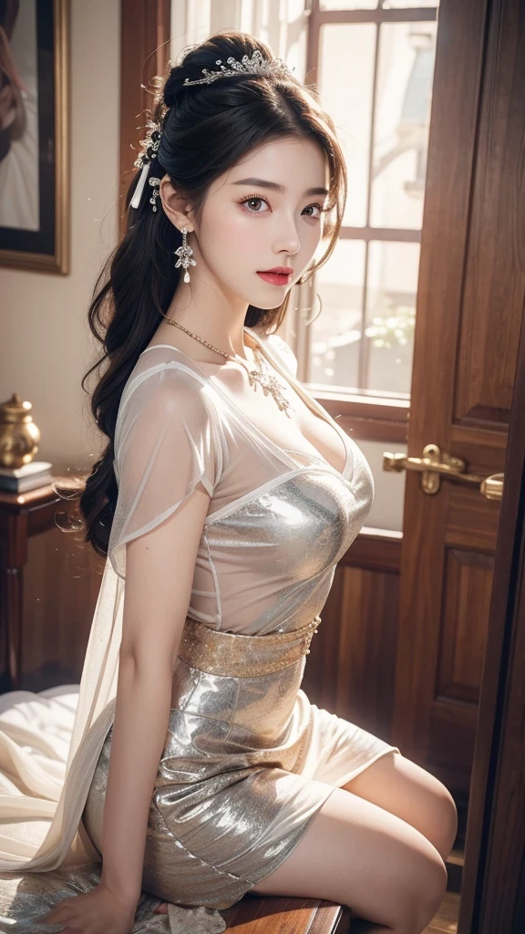 ((whole body)), ((from below)), Yushuxin,1 girl,alone, ((stand up, leaning on ledge)), ((lean forward)), ((The features are clear, clear face, clear face)), red lips, cosmetics, close-up, elegant姿势, seductive pose, Perfect Curve, Slim, Sexy, big breasts, split, beautiful legs, charming gaze, bite lip, messy long hair, Simple and casual scene, Very detailed, Ultra-clear, best quality, official art, exquisite earrings, exquisite necklace, Very detailed description, Super beautiful painting, Sophisticated functionality, elegant, beautiful, Super fine details, masterpiece, Authentic texture, Realistic movie lighting, masterpiece, best quality