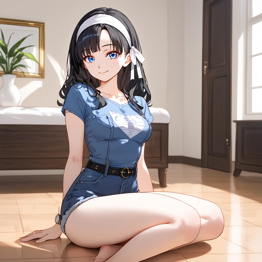 1 female,   black hair  , Blue eyes,   Delicate face, beautiful, camiseta blanca, Standing,,   white , white Atrásground, bewitching thighs, , about, portrait, white ribbon,  Headband,  light smile base , hand watch, Blue denim jumpsuit, White t-shirt, overol falda, sit floor  