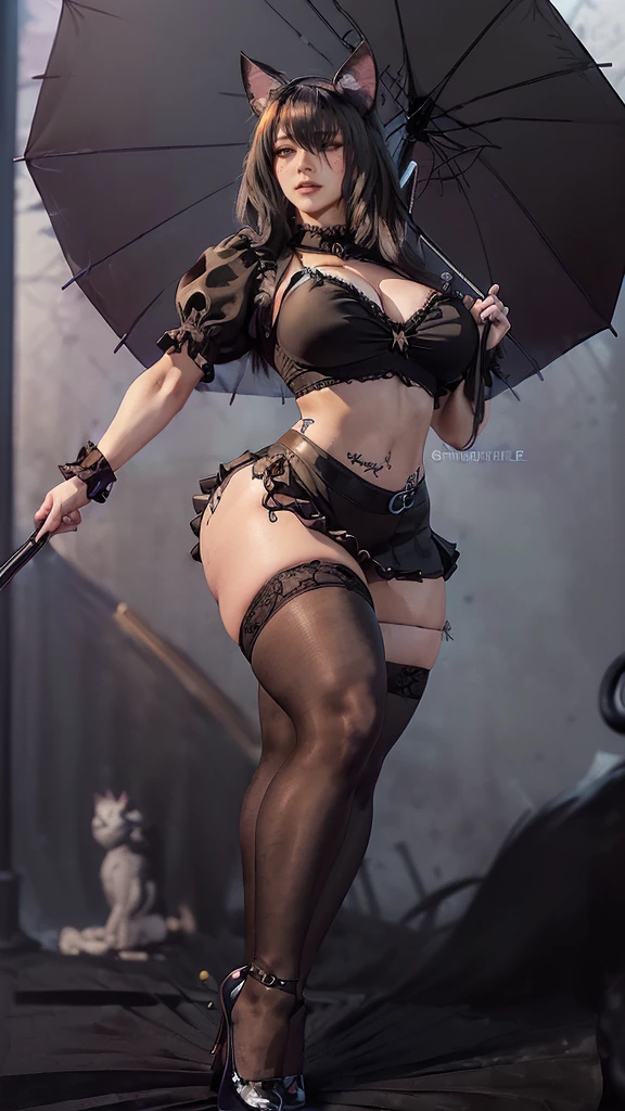 luna,luna, ,((( ((striderscribe)),((beautiful prostitute))),( sagging huge long wide heavy breasts),(a cat girl smiling, goth clothing style, lace cloth clothing, wearing a mini ruffled skirt and crop shirt, shirt with short puffy sleeves, nylons, strap pumps, holding an umbrella, floating, creepy, horror style, dynamic pose


