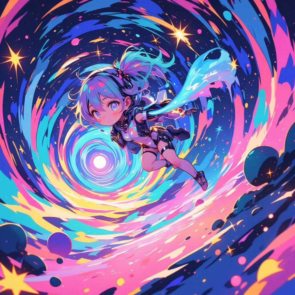 A cute chibi futuristic costume girl is jumping into the vivid space-like circle portal at the far end. cosmic eyes,cosmic hair color, super vivid color, many heart notes, many star notes, super pop,many vivid sparkles, dynamic, dynamic camera work, dynamic action pose, anime style, cosmic color, many colorful concentration lines,focus on circle portal