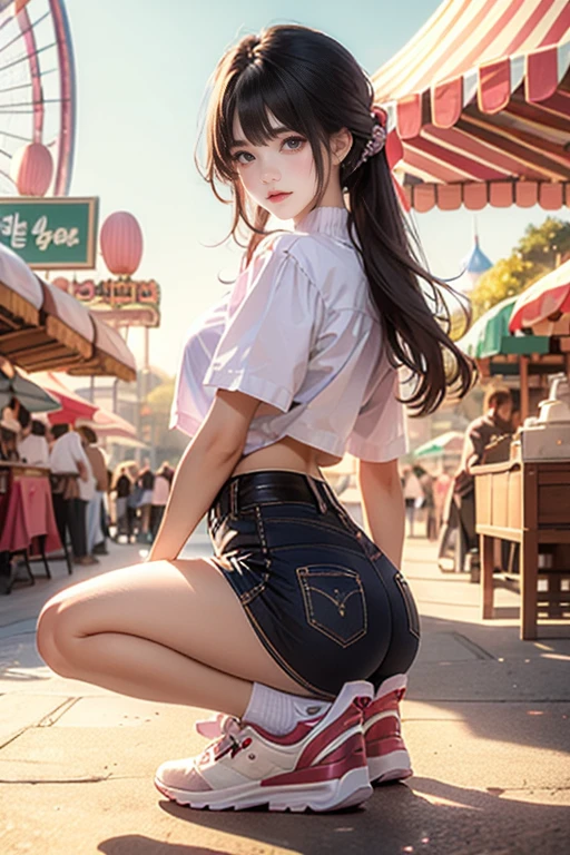 18 year old beautiful girl, ojos grandes, senos grandes, delgada, Small, 8k, calidad superior, (Cabeza muy detallada: 1.0), (cara muy detallada: 1.0), (cabello muy DetallaDo: 1.0), Arte oficial muy detallado, Estilo de arte Anime Moe, Arte de anime limpio y detallado, They are smiling, cabello ?????, cabello largo y liso, pecho desnudo, Ushiwakamaru, caderas grandes, perfecto, small waist, vista de espaldas, small ass, Bragas blancas, sentada de rodillas, de espaldas, schoolwear, tetas apretadas, camisa blanca, camisa ajustada, shorts apretados