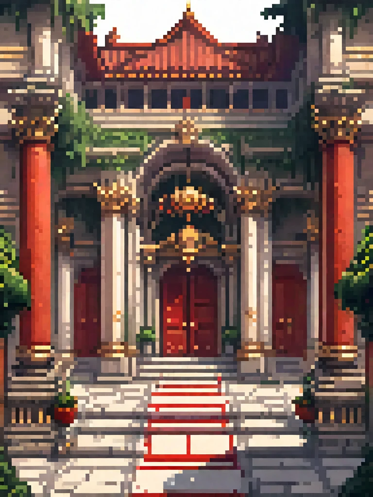 a close up of a building with a red carpet and a black stone, beautiful detailed pixel art, detailed pixel art, detailed pixel artwork, isometric pixelart, isometric pixel art, isometric game art, high quality pixel art, isometric 2 d game art, isometric palace, ultra detailed game art, pixel art isometric drawing, isometric art, Create an image of a grand classical palace with large arched doorways, intricate stone carvings, and tall columns. The palace should have two prominent red banners with golden designs hanging on either side of the main entrance. A red carpet with golden edges should lead up a set of stairs to the main entrance, flanked by statues and lush greenery. The courtyard in front of the palace should be paved with large stone tiles and adorned with decorative elements like lampposts and planters.