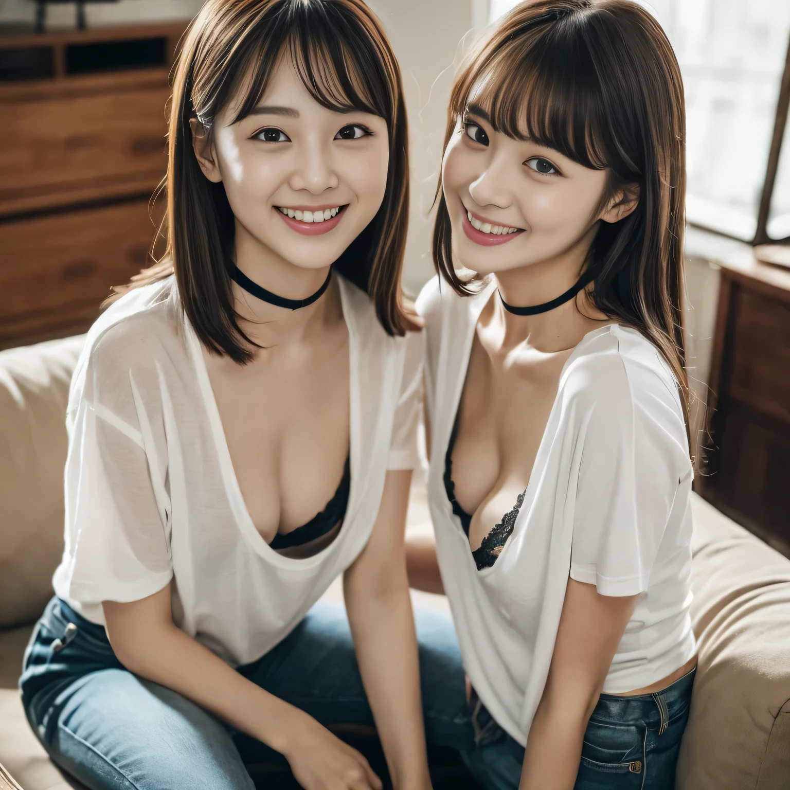 Medium shot, simple plain background, portrait of 2 buxom Japanese harlots, wearing low cut shirt, wide open shirt, smiling