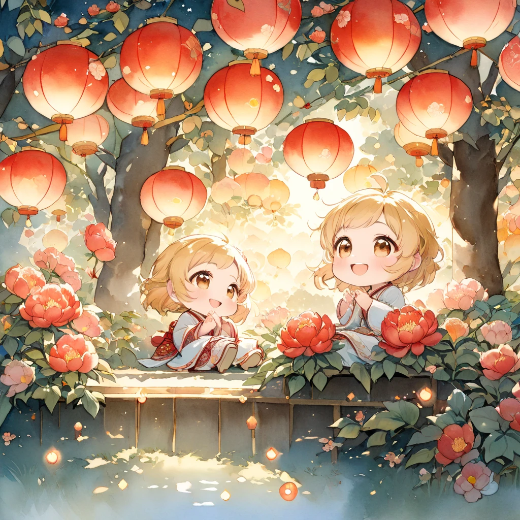 1girl, chibi, fair skin, blonde hair, bob, big droopy eyes, brown eyes,
(many peony trees), twinkle, many floating lanterns,
happy, smiling, sitting, looking up, side view, morning,
watercolor, (masterpiece, best quality, hyper detailed:1.2),