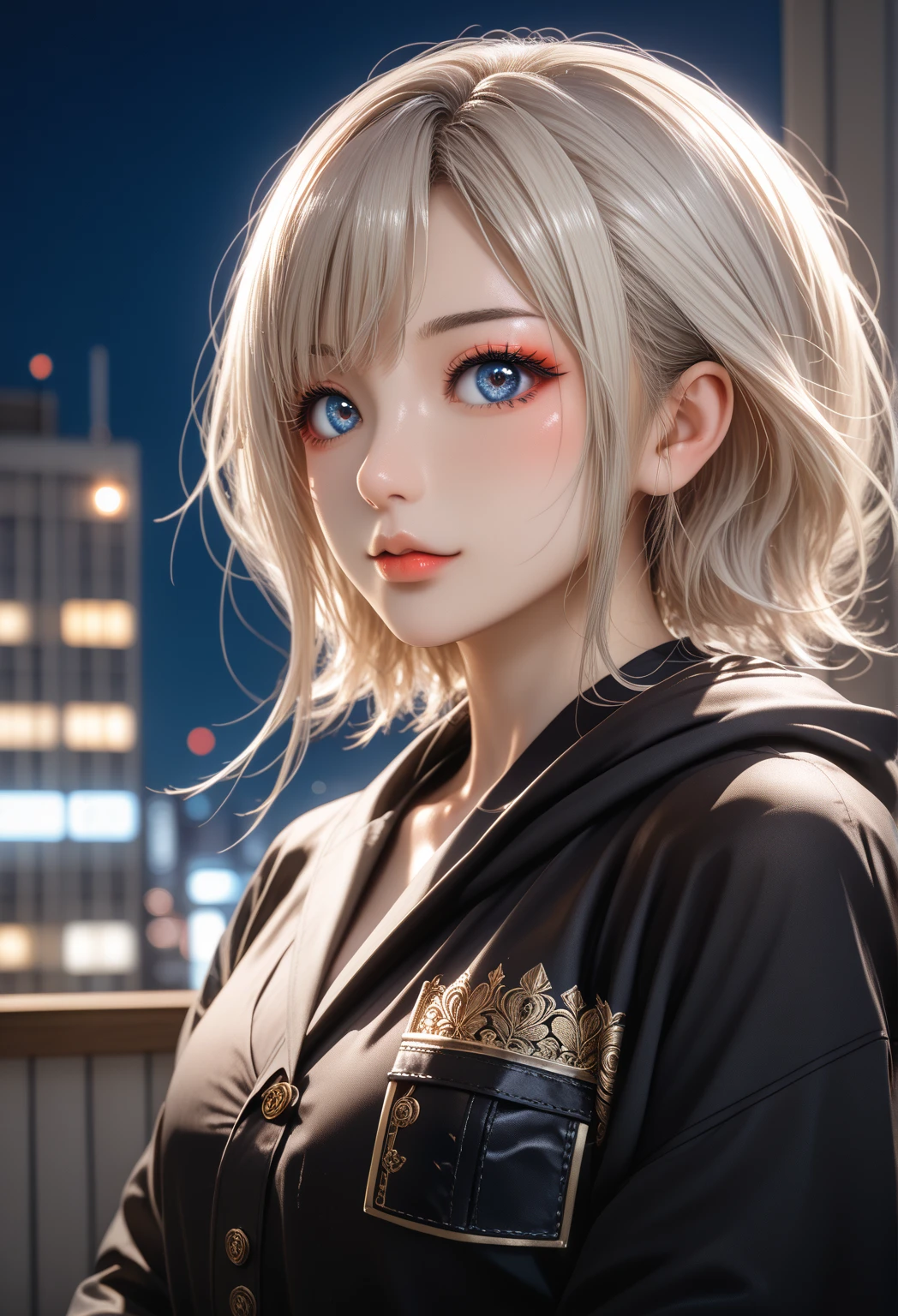 1girl, blurry, blurry background, bokeh, depth of field, glowing, green eyes, halo, hood, hood down, jacket, leather, leather jacket, lips, looking at viewer, night, short hair, solo, upper body, white hair