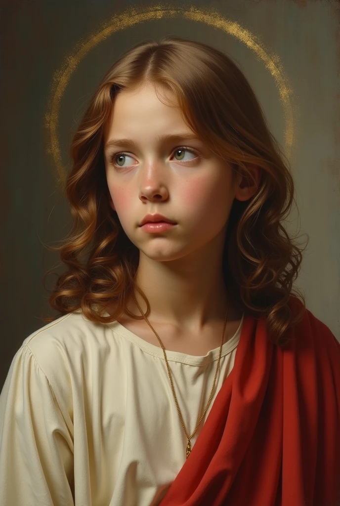 This painting, in renaissance style, depicts a young boy with a serious expression and penetrating gaze. Her short, brown hair frames an angelic face., revealing a countenance of purity and nobility. He wears a white tunic adorned with red and gold details., reminiscent of ancient Roman costumes, suggesting a high status or historical figure. The background is softly blurred, typical of Renaissance works, highlighting the central figure and giving a sense of depth. Subtle, natural lighting highlights the boy&#39;s delicate features and the rich texture of his clothes., evoking the ability of Renaissance masters to capture human essence and dignity.