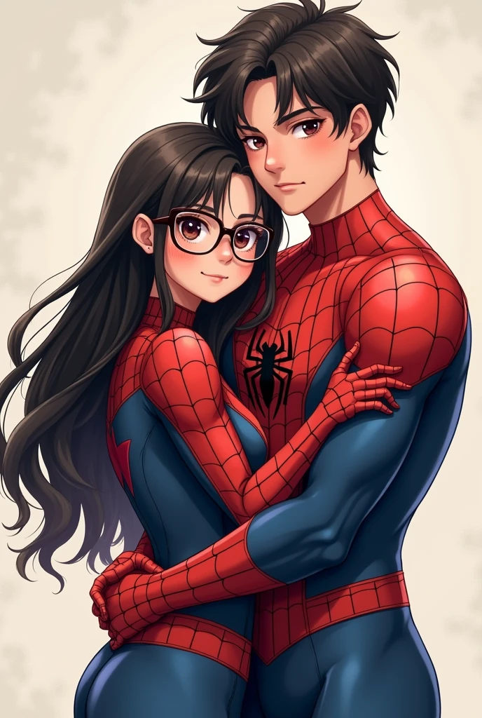 anime art: marvel art style, a masculine 20-year-old male with a big bulge with dark fadeout hair and glasses, wearing spider superhero outfit , he's crouching down behind a sad female wearing lgbt shirt. he's behind her. hugging. He's squatting down behind her
