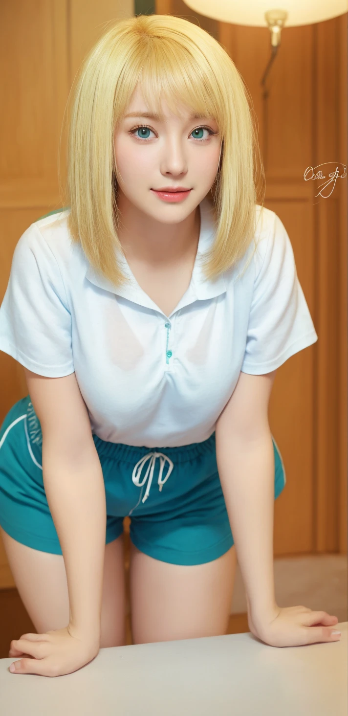 realisticlying， A high resolution， Kizi， whaite hair， Korea， blue color eyes， Small moles under the eyes， Loose white shirt， sweat shorts，Big house， thick thight， legs crossed， sitted，pale-skinned，Melancholy eyes，gigantic cleavage breasts，Raised ，Get wet all over your body，Pose with your hips facing you