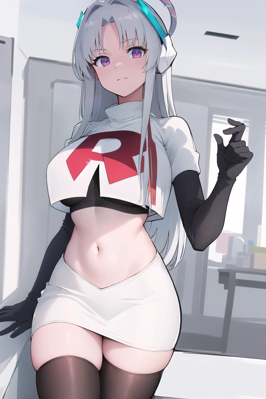 masterpiece, best quality, highres, aanoa, long hair, headgear, mechanical halo, large breasts, team rocket,team rocket uniform,white skirt,red letter R,crop top,black thigh-highs,black elbow gloves, stadium,