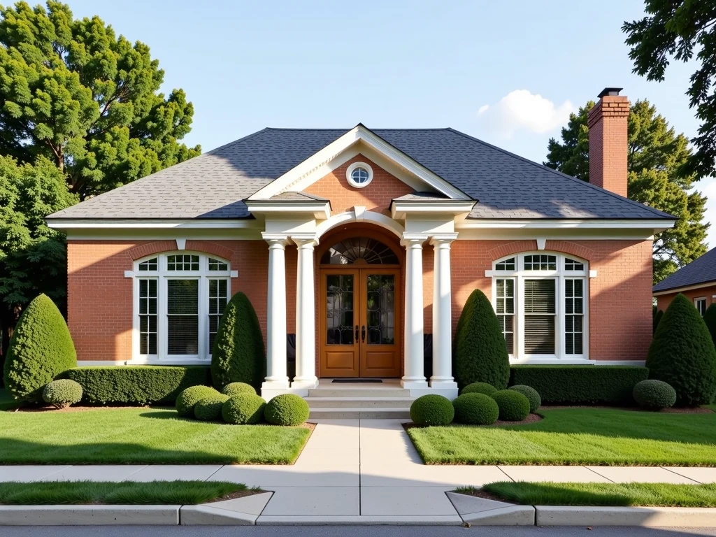 a beautiful house , ( a single-storey house with brick walls , with large windows,  with a beautiful double leaf wooden door ) ( at the entrance there are two pillared columns with a beautiful design) ( the roof is a roof with several drops ,  y has blue French tiles ) ( the house is several meters wide, It is wide sideways )