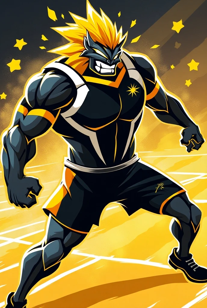Star with hands and feet, star with faces, macho, muscles, anthropomorphism, macho with a star-shaped face, concentration lines, yellow light, shine, smile,