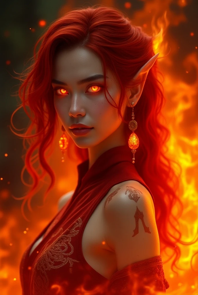 ((half body Portrait of a fire elf)), red flowing hair, shiny red eyes,( medium length pointy ears),orange fire around, flaming theme, burning atmosphere, (detailed sexy Chinese style costume:1.2), red glowing tattoos, orange crystal jewelry, light smile, mature body, colorful ,by Mappa studios,masterpiece,best quality,official art,illustration,ligne claire,(cool_color),perfect composition,absurdres, fantasy,focused,rule of third, close up portrait