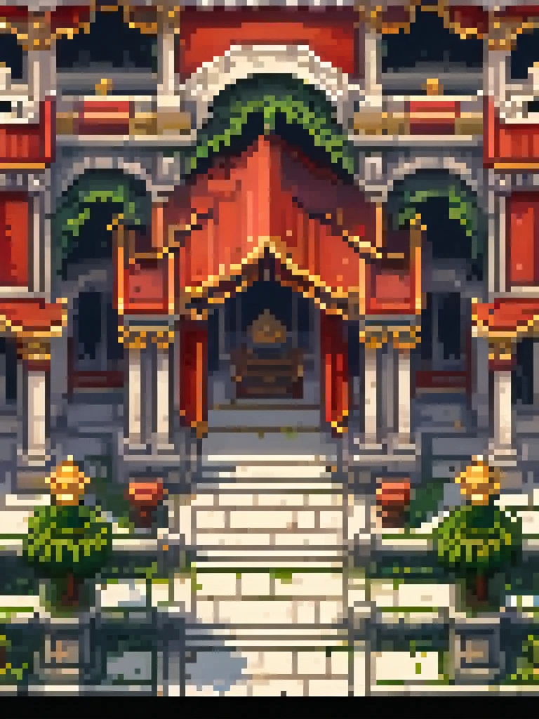 a close up of a building with a red carpet and a black stone, beautiful detailed pixel art, detailed pixel art, detailed pixel artwork, isometric pixelart, isometric pixel art, isometric game art, high quality pixel art, isometric 2 d game art, isometric palace, ultra detailed game art, pixel art isometric drawing, isometric art, Create an image of a grand classical palace with large arched doorways, intricate stone carvings, and tall columns. The palace should have two prominent red banners with golden designs hanging on either side of the main entrance. A red carpet with golden edges should lead up a set of stairs to the main entrance, flanked by statues and lush greenery. The courtyard in front of the palace should be paved with large stone tiles and adorned with decorative elements like lampposts and planters.