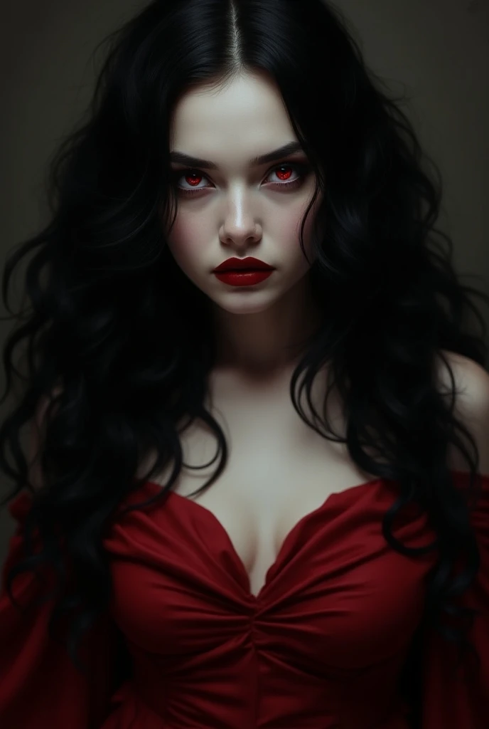 Vampire woman, her face seems friendly, she is beautiful, her scarlet red eyes shine with desire, she has a generous breast that can be seen through her neckline.