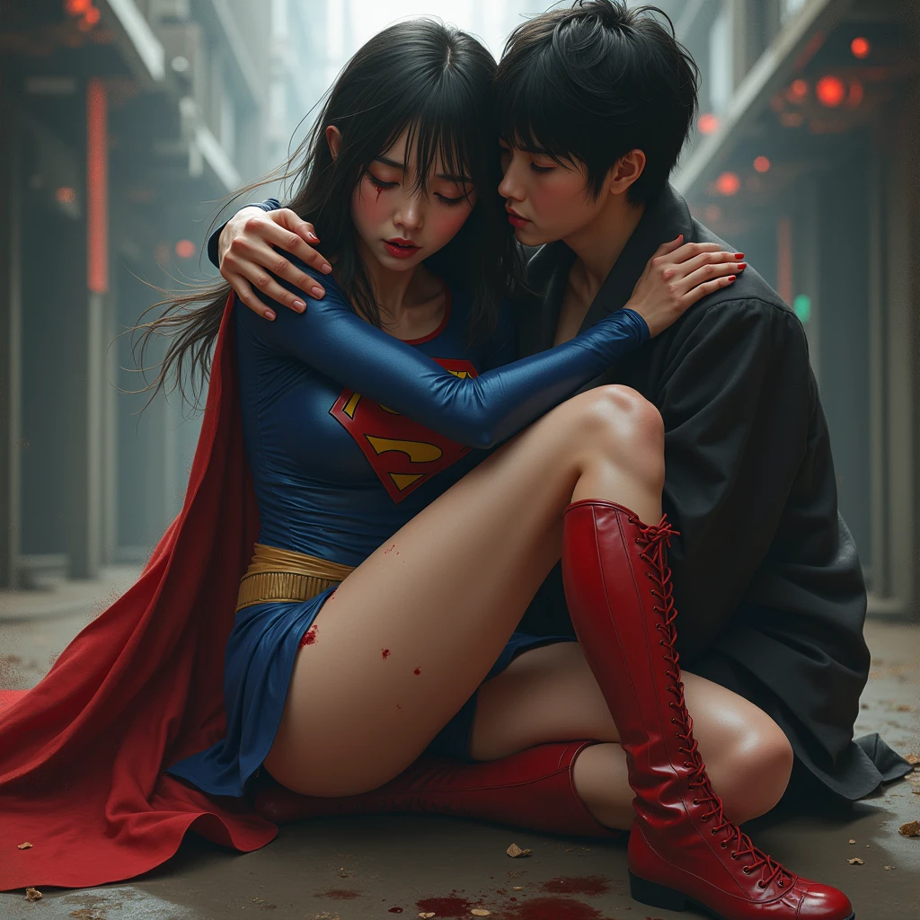 Trem lotado, supergirl loira sexy, handsome man holding her from behind and talking in her ear, Elevation-a, mini red skirt swinging up, 40k, fotografia, obra-prima da Supergirl, melhor qualidade, fundo cinza escuro, (1supergirl olhos bem azuis e cabelos loiros logo enrolados com pernas abertas), seios grandes perna totalmente aberta, (round swinging sexy miniskirt: 1.3), (camisa branca aberta: 1.3), Older man leaning against her from behind picking her up, Poses variadas. Wearing super heroine costume. A handsome man holding her from behind.