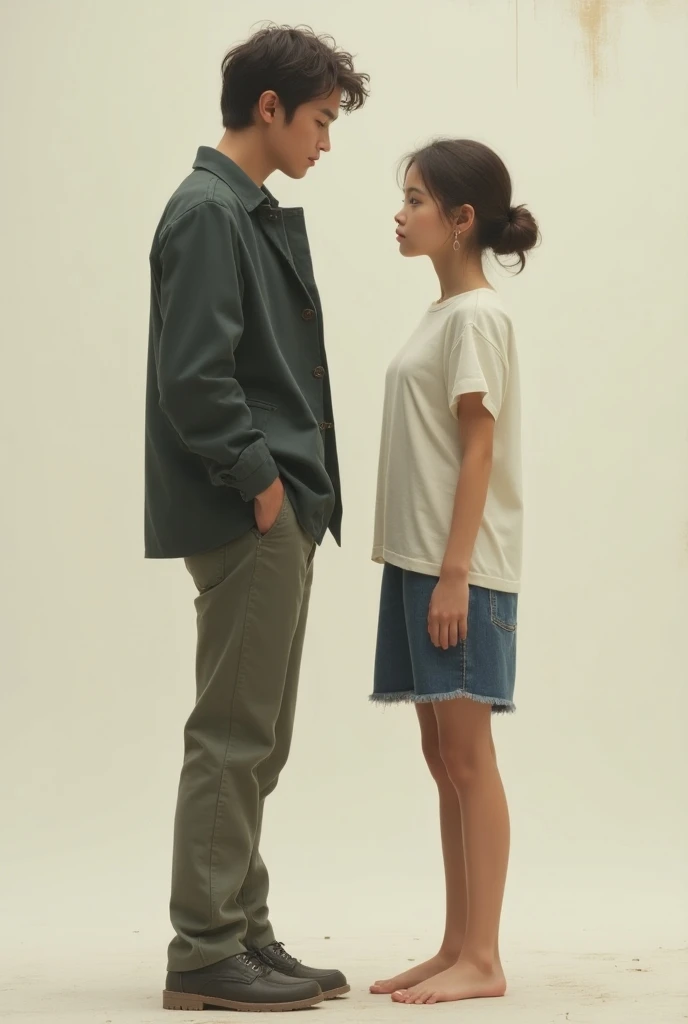 A 17 year old girl standing and behind her on a bench a boy sitting and wearing his shoes boy's face is facing on behind her
