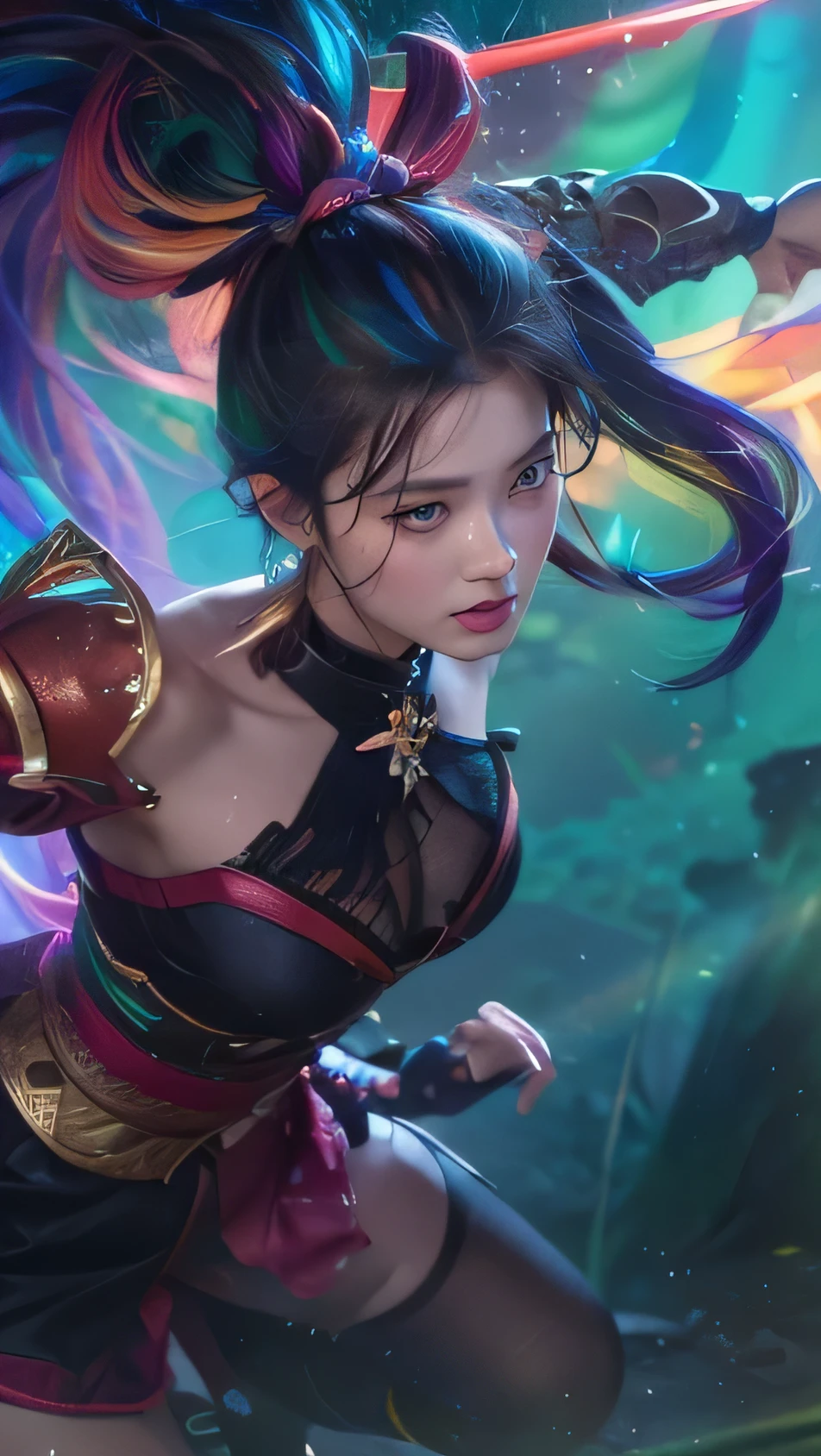 {{masterpiece}}, highest quality, Highly detailed CG Unity 8K wallpaper, cinematic lighting, Lens flare, beautiful detailed eyes, black, side line, multi-colored hair, colorful light, particle, heterochromia, (colorful:1.5), (colorful hair:1.5),
