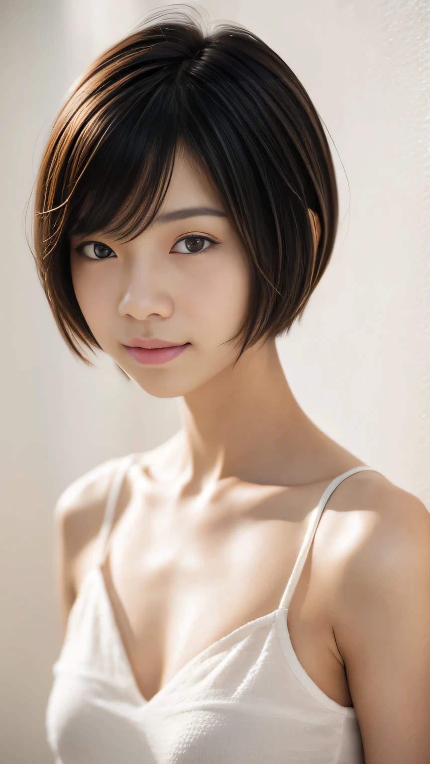 Realistic photo, beautiful 18 year old Japanese woman, short bob hair, close-up of face, straight on, slightly smiling, portrait, white background,