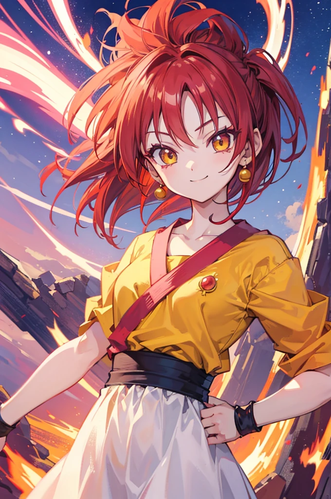 dragon ball style, cute saiyan girl, little young, crimson hair, yellow eyes, , smile, electricity, aura, energy, focus on face