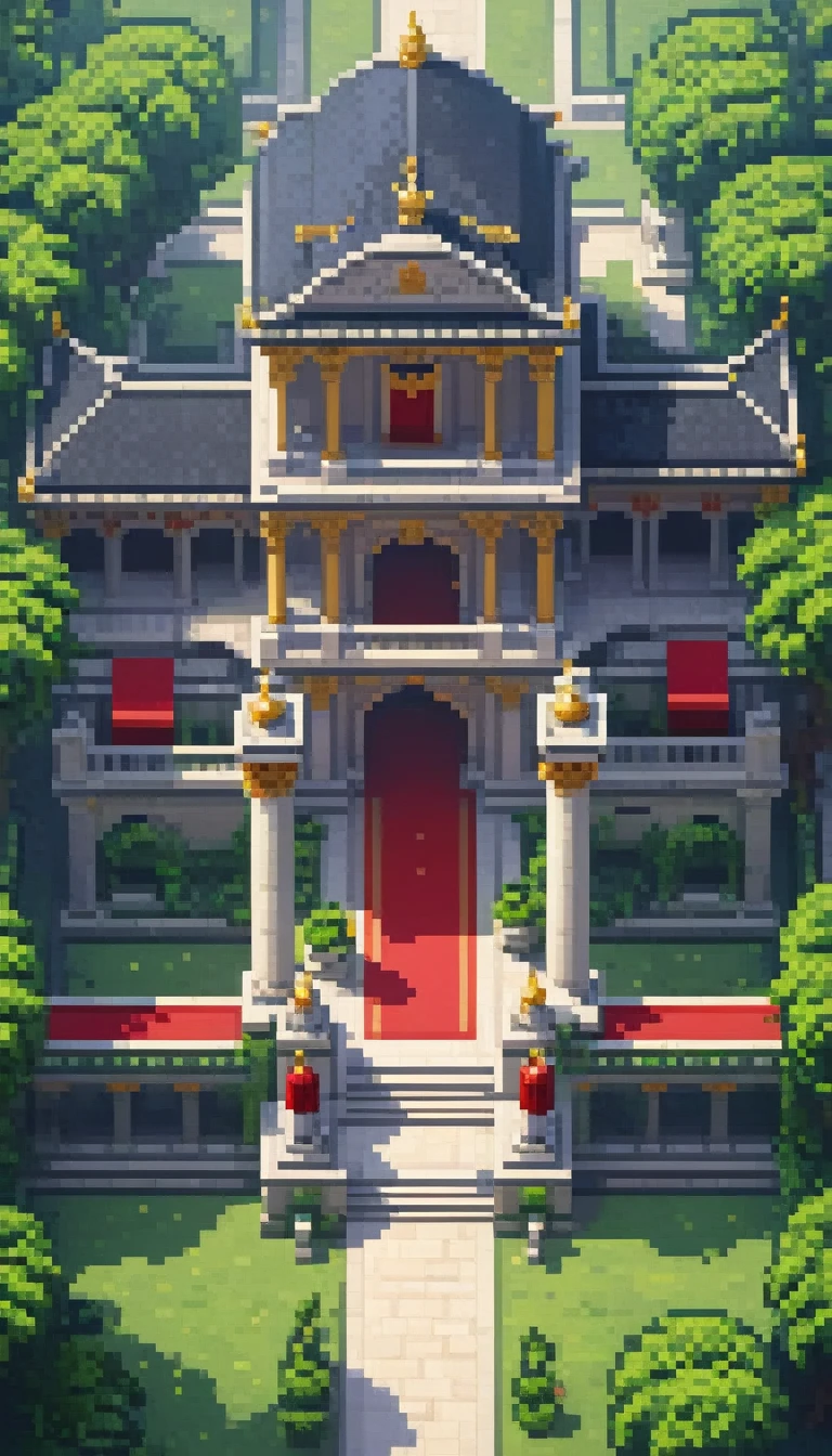 a close up of a building with a red carpet and a black stone, beautiful detailed pixel art, detailed pixel art, detailed pixel artwork, isometric pixelart, isometric pixel art, isometric game art, high quality pixel art, isometric 2 d game art, isometric palace, ultra detailed game art, pixel art isometric drawing, isometric art, Create an image of a grand classical palace with large arched doorways, intricate stone carvings, and tall columns. The palace should have two prominent red banners with golden designs hanging on either side of the main entrance. A red carpet with golden edges should lead up a set of stairs to the main entrance, flanked by statues and lush greenery. The courtyard in front of the palace should be paved with large stone tiles and adorned with decorative elements like lampposts and planters.