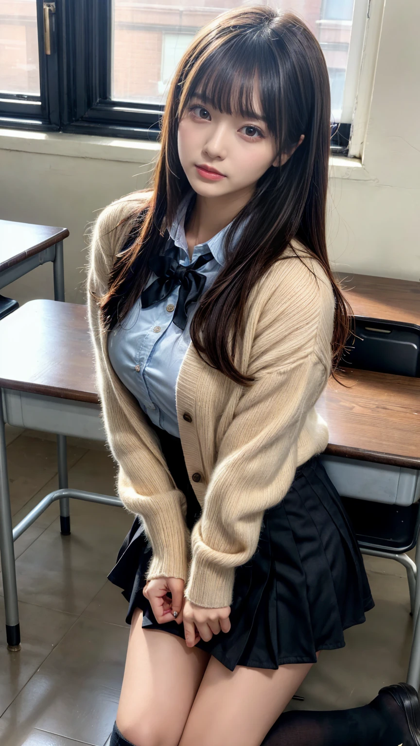 masterpiece, best quality, illustration, Super detailed, fine details, High resolution, 8K,wall paper, perfect dynamic composition,(Details High quality, realistic depiction of eyes:1.3), High School Classroom、High school girl uniform、Cardigan、Super Short Check Uniform Skirt、Navy blue high socks、garterbelts、Colossal tits、Disturbed uniform、long hair, black hair color, Big Natural Color Lip, bold sexy pose, (perfect body shape), crying a little、Harajuku style、20 year old girl、cute type, beautiful legs, hposing Gravure Idol, Voluptuous thighs