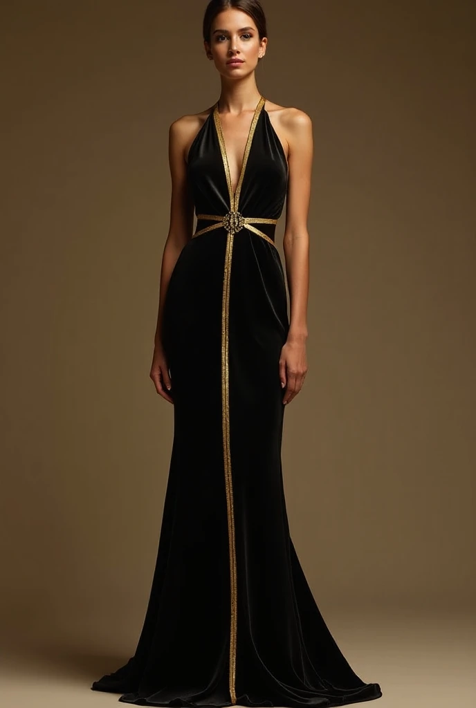Art Deco Geometric Maxi Dress: Geometric shapes, Art Deco motifs, jewel tones, luxurious fabrics, structured silhouette