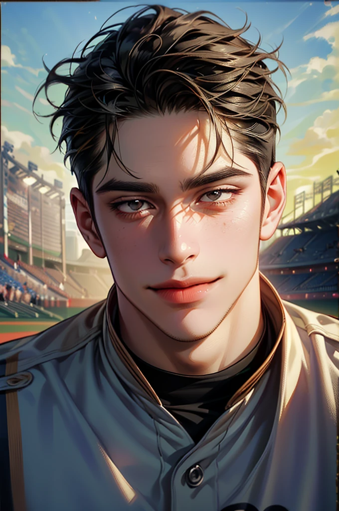 (a beautiful 40 year old man that is baseball player, black hair, short hair, brownish black eyes, smile with eyes, grinning happily, manly face, wearing a baseball uniform:1.1),(a background is a baseball stadium),(dynamic pose:1.1),(dramatic lighting),(dramatic contrast of lighting),(dramatic color use), (best quality, 8k, ultra-detailed, masterpiece:1.2),beautiful details, beautiful brushstrokes, beautiful face, realistic, photorealistic, photo-realistic, HDR, (vivid colors:1.4), fine art portrait,(oil painting:1.4),(natural expressions),(canvas texture),(dramatic shadows and highlights),(carefully crafted facial features),(clean-shaven),(refined appearance),(casual attire:0.9),elegant composition,(strong and defined physique),(intricate details),(meticulous attention to anatomy)