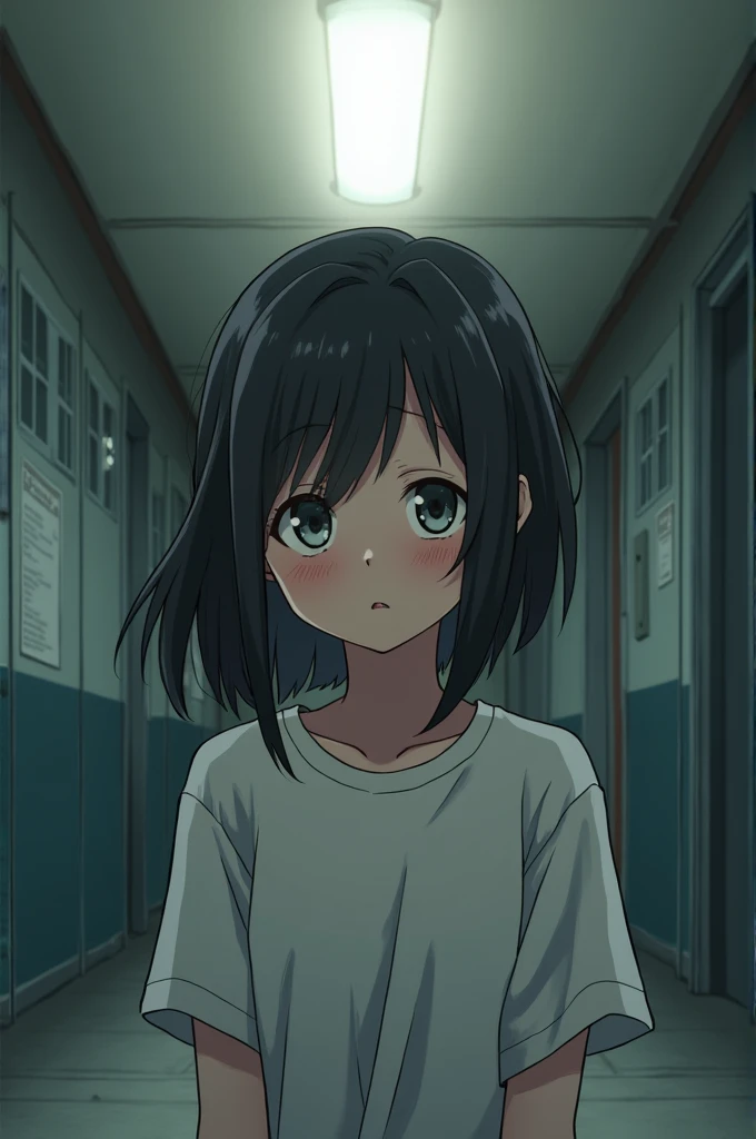 20th Generation、Cute Dress、Looking straight ahead with an anxious expression、Black Hair、Hair is shoulder length、Close-up of face、Midnight、Street lamp light、American comic style