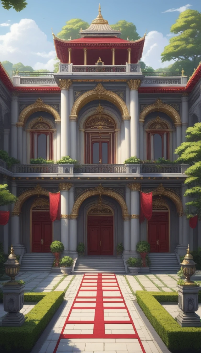 a close up of a building with a red carpet and a black stone, beautiful detailed pixel art, detailed pixel art, detailed pixel artwork, isometric pixelart, isometric pixel art, isometric game art, high quality pixel art, isometric 2 d game art, isometric palace, ultra detailed game art, pixel art isometric drawing, isometric art, Create an image of a grand classical palace with large arched doorways, intricate stone carvings, and tall columns. The palace should have two prominent red banners with golden designs hanging on either side of the main entrance. A red carpet with golden edges should lead up a set of stairs to the main entrance, flanked by statues and lush greenery. The courtyard in front of the palace should be paved with large stone tiles and adorned with decorative elements like lampposts and planters.