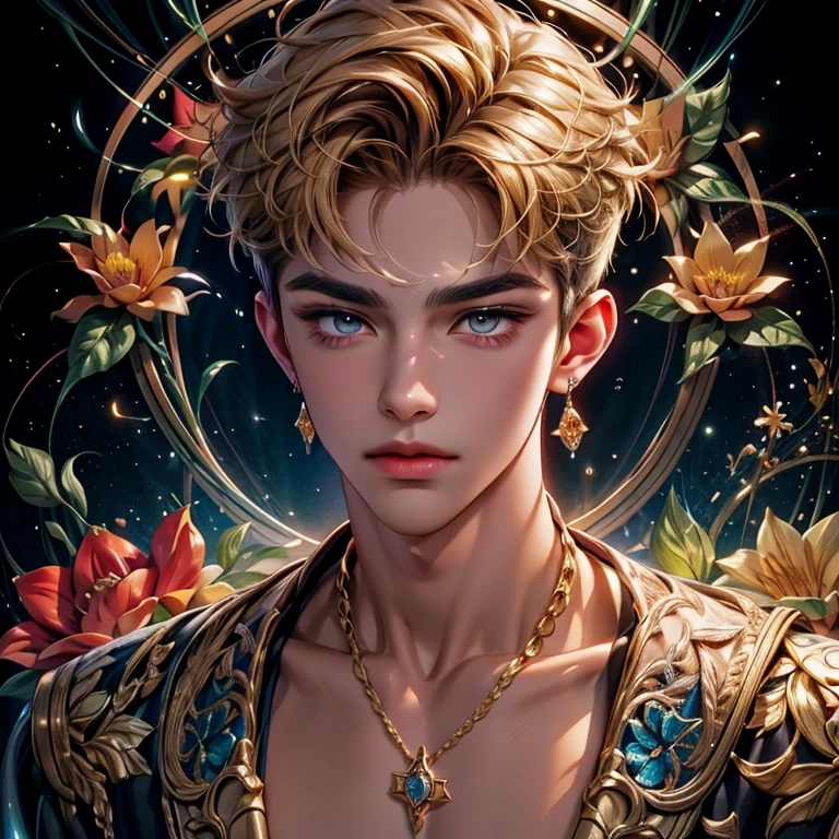 Portrait of a cute boy ,  golden short hair ,  metal jewelry , colored flowers, Particles of light,  high quality ,  best quality,  official art ,  beautiful and aesthetic ,  1 boy ,  extremely detailed ,  fractal art , Colorful, flowers,  highest detail, confuse,  dynamic pose,  abstract background , shiny skin, many colors, earrings,  rays of light coming from his aura !