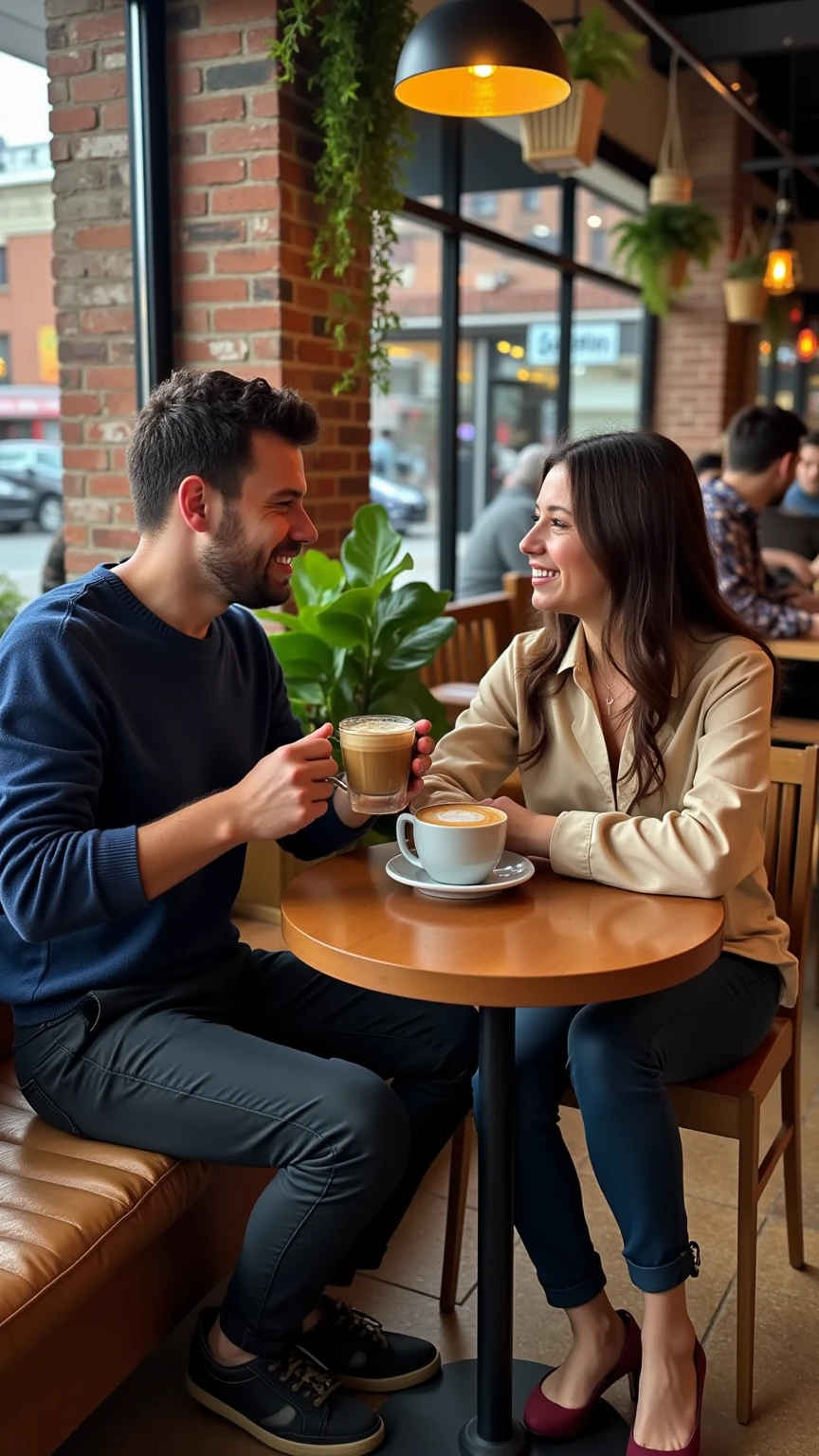 "Create a scene of a first date at a cozy coffee shop. A man and woman sit at a small round table by a window, warm afternoon light filtering through. The rich aroma of freshly ground coffee fills the air. He's wearing a navy blue sweater and holding a cappuccino, the foam artfully decorated with a leaf pattern. She's elegantly dressed in a cream-colored blouse, her hands wrapped around a large ceramic mug of vanilla latte. Their body language shows mutual interest - both leaning slightly forward, sharing occasional shy smiles. Around them, the coffee shop has exposed brick walls, hanging plants, and the gentle murmur of other patrons and espresso machines creates an intimate atmosphere