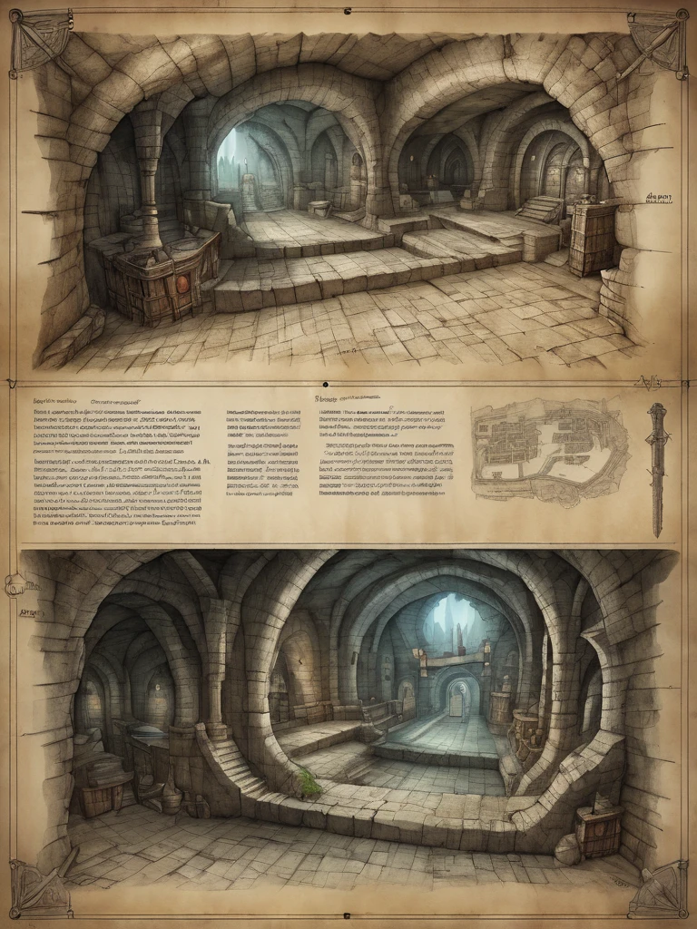 first person perspective looking at a diagram of a fantasy dungeon, traditional media, fantasy parchment, anime screengrab, csu, cross-section, from the side, underground, burrow, fantasy landscape, national geographic, best quality, masterpiece,