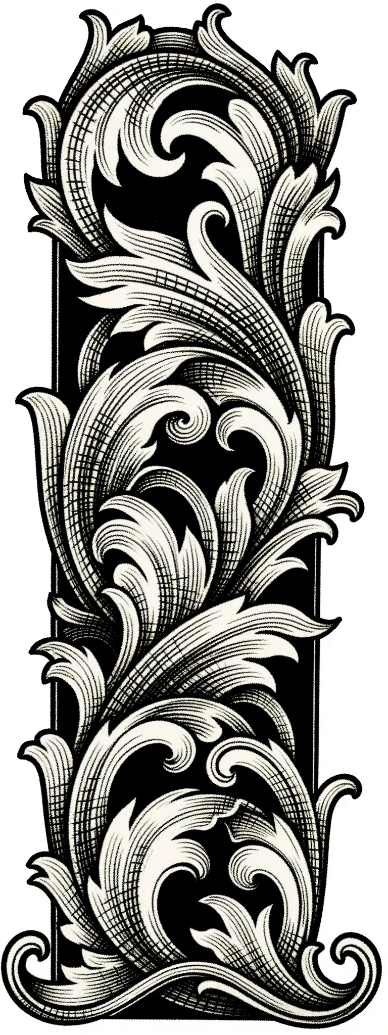 Complex scroll on steel with multi ends and leaves with overlapping paths  with defind hatch lines