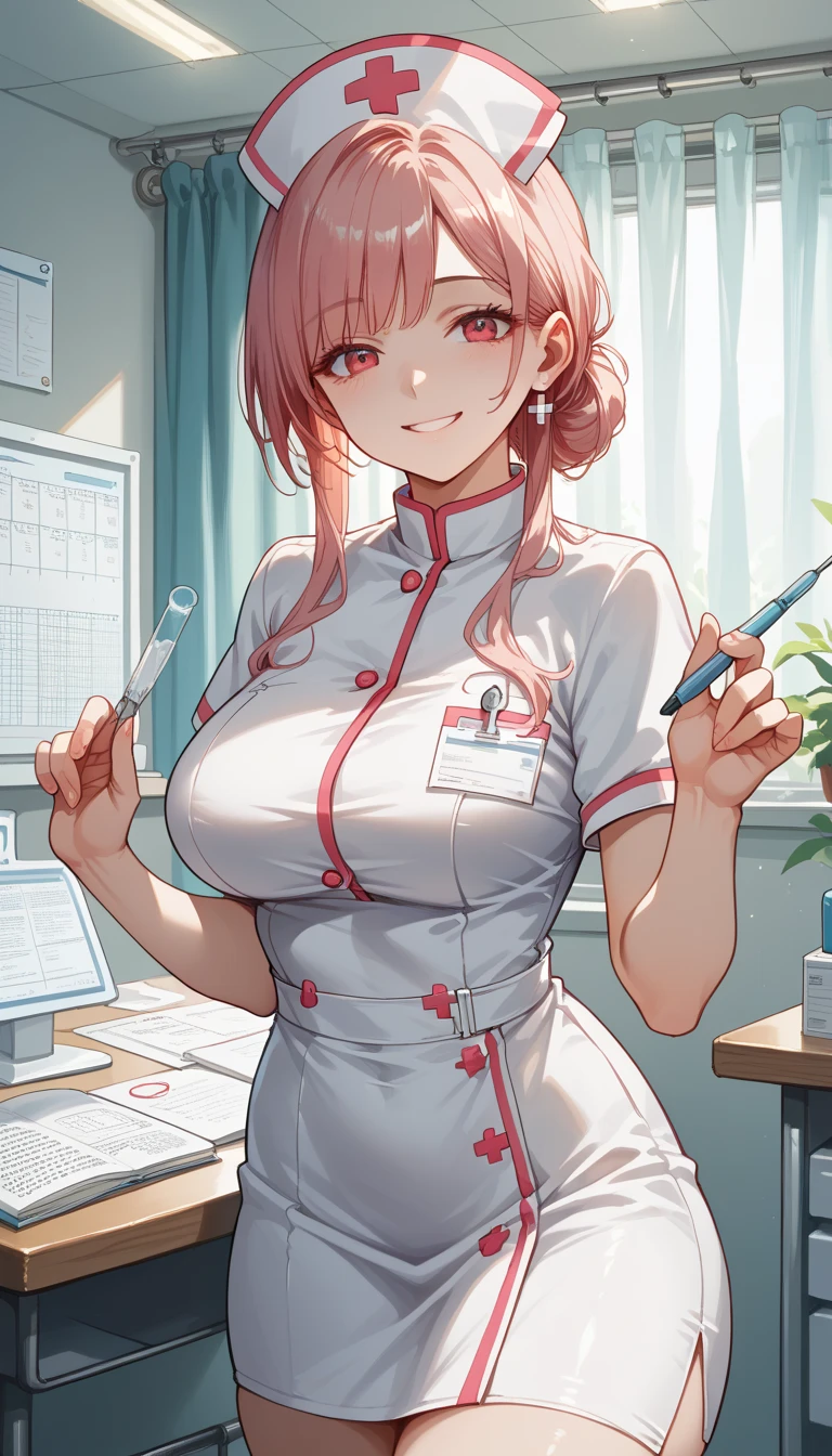 8k, Masterpiece, High Quality:1.2,  delicate illustration,  very detailed,One female,Kitagawa Marln,  bangs, kind, smile, Big Breasts, very nice,nurse,room