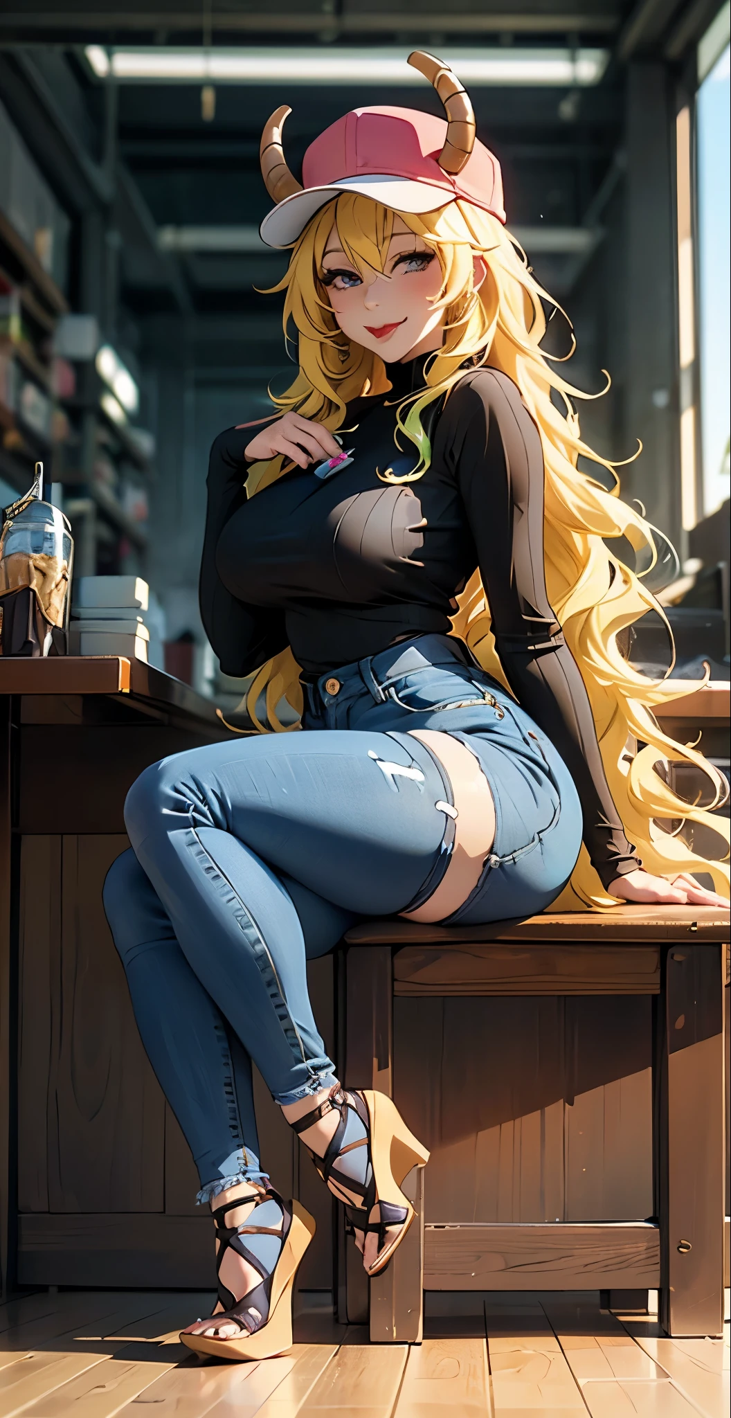 Lucoa [miss kobayashi san], medium, perky breasts, Thicc thighs , full body, Beautiful beauty, curve horns, cap, Rich, Blonde, long hair, Do purple twists on the ends of your hair , short curto jeans, long black socks, high heels, ((( sitting showing your feet to the viewer ,  showing tongue ))), Sensual