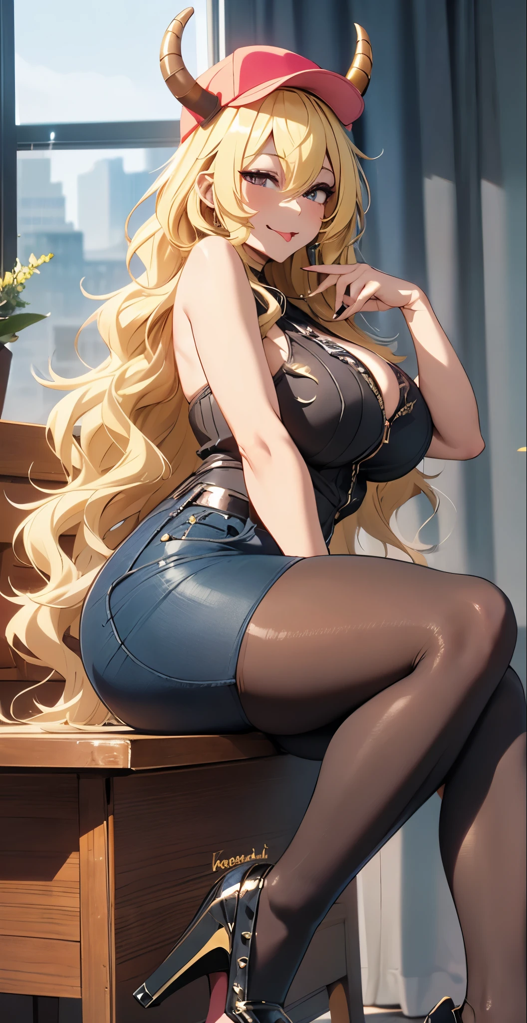 Lucoa [miss kobayashi san], medium, perky breasts, Thicc thighs , full body, Beautiful beauty, curve horns, cap, Rich, Blonde, long hair, Do purple twists on the ends of your hair , short curto jeans, high heels, ((( sitting showing your feet to the viewer ,  showing tongue ))), Sensual